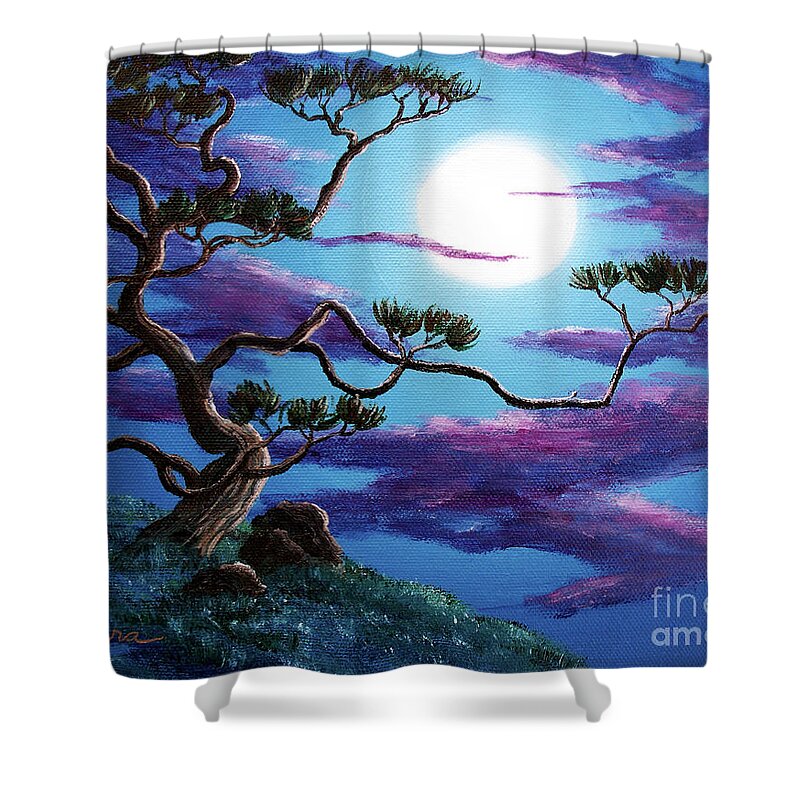 Zenbreeze Shower Curtain featuring the painting Bent Pine Tree at Moonrise by Laura Iverson