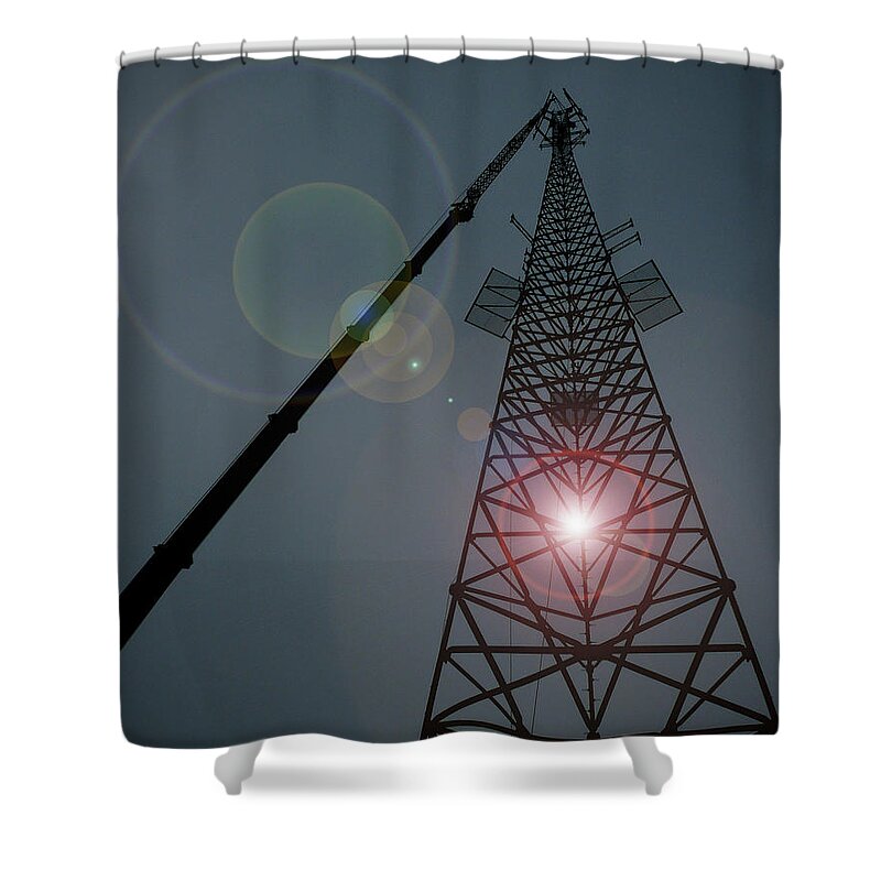 Tower Crane Steel Blue Sky Flare Silhouette Wv Berkeley Springs Sun Solar Communications Boom Tower Technician Rope Work Ropes Aerial High Harness West Virginia Usa Cellphone Cell Cellular Climber Shower Curtain featuring the photograph Berkeley Springs by Bob Geary