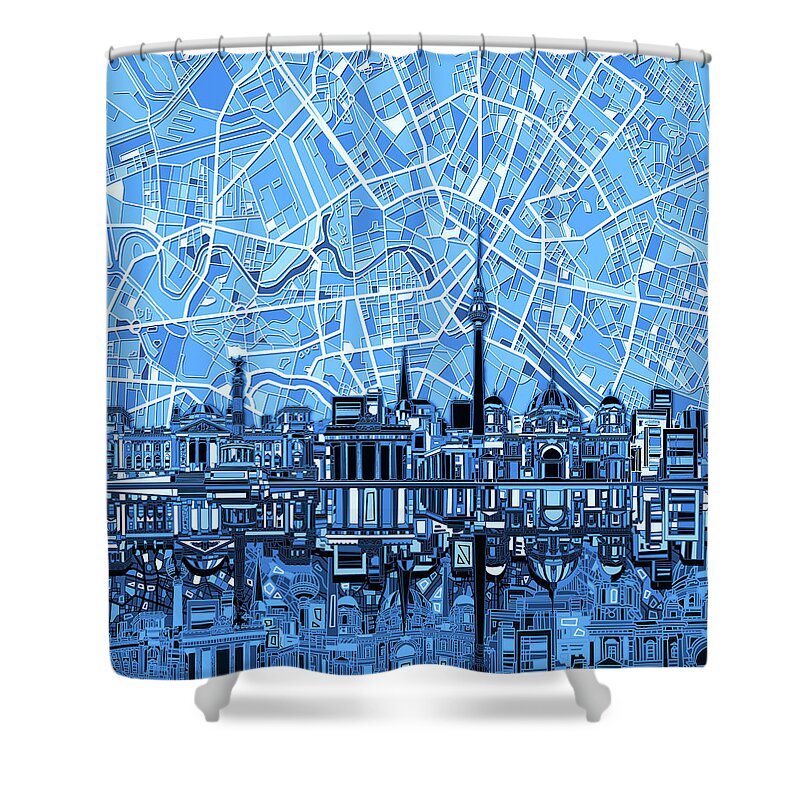 Berlin Shower Curtain featuring the digital art Berlin City Skyline Abstract Blue by Bekim M