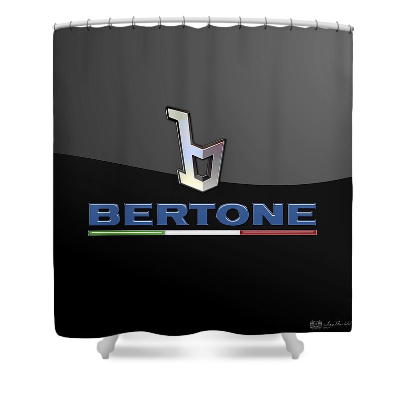 'auto Badges' Collection By Serge Averbukh Shower Curtain featuring the photograph Bertone - 3 D Badge On Black by Serge Averbukh