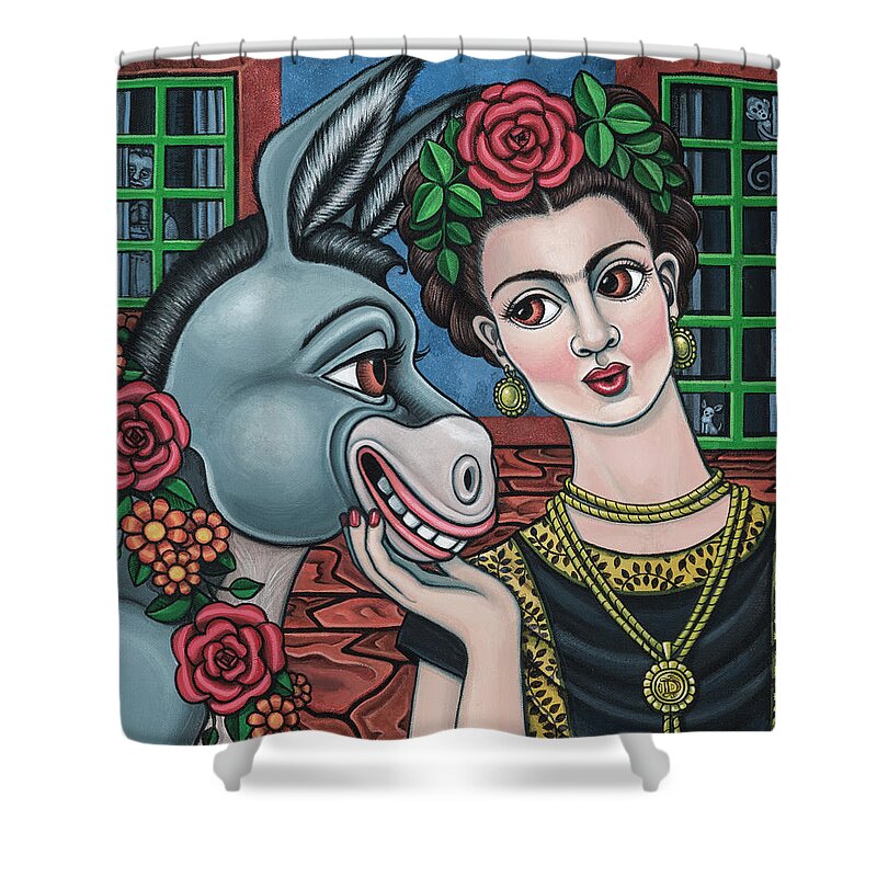 Hispanic Art Shower Curtain featuring the painting Beso or Fridas Kisses by Victoria De Almeida
