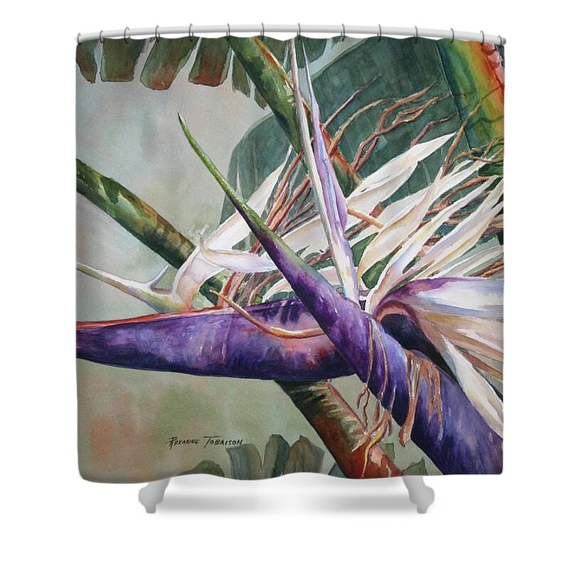 Bird Of Paradise Shower Curtain featuring the painting Betty's Bird - Bird of Paradise by Roxanne Tobaison