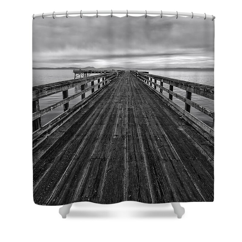 Bevan Fishing Pier Shower Curtain featuring the photograph Bevan Fishing Pier - Black and White by Mark Kiver