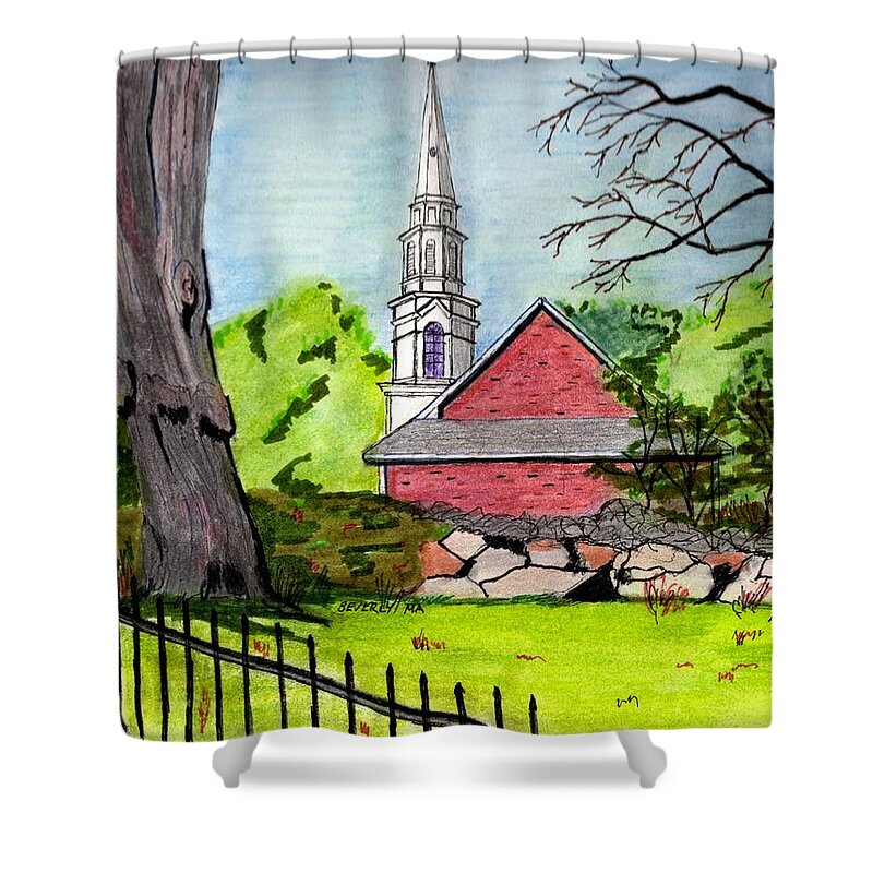 Drawings By Paul Meinerth Shower Curtain featuring the drawing Beverly First Baptist Church by Paul Meinerth