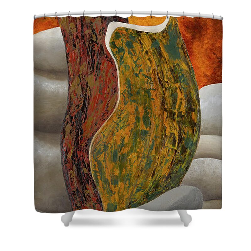Rocks Shower Curtain featuring the painting Bevies and Cairns by Garry McMichael