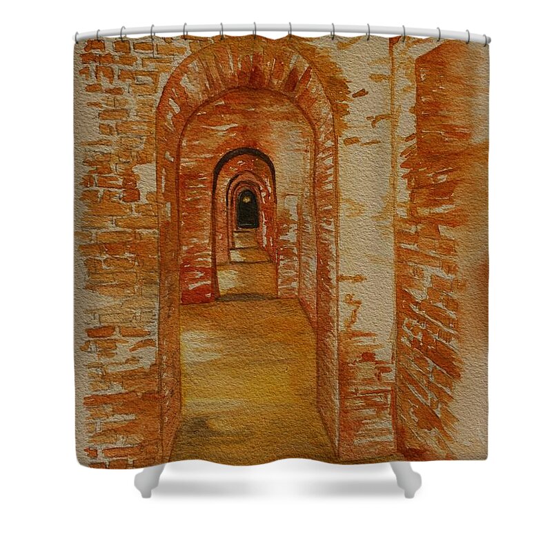 Brick Shower Curtain featuring the painting Beyond The Black Door by Julie Lueders 