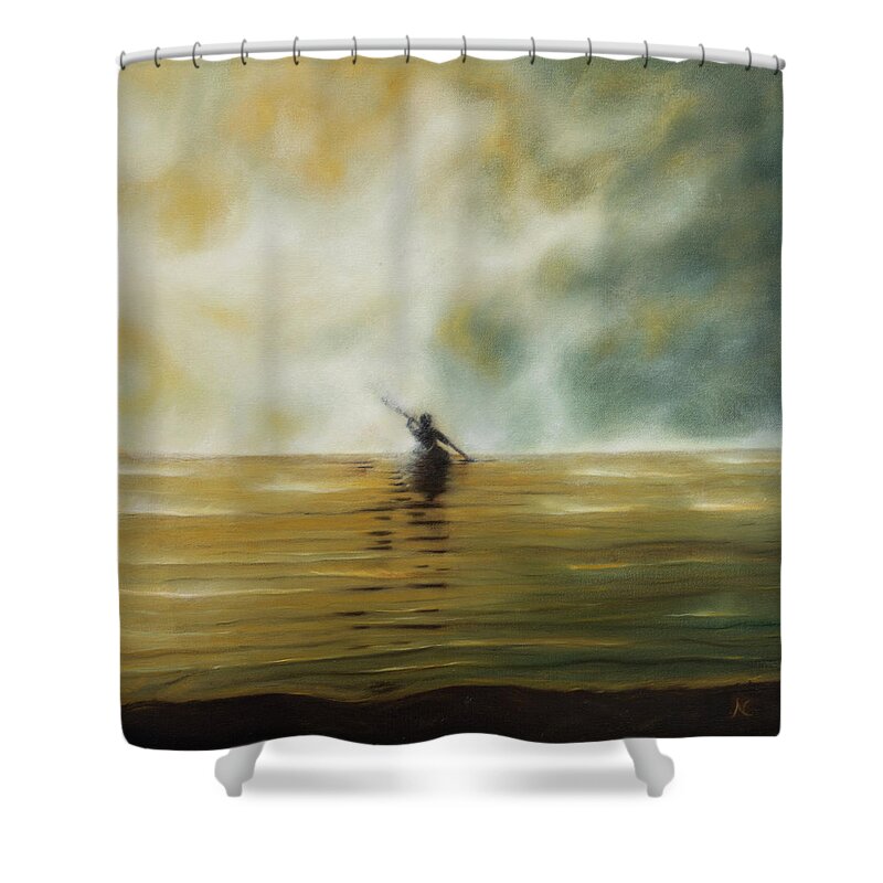 Kayak Shower Curtain featuring the painting Beyond The Veil by Neslihan Ergul Colley