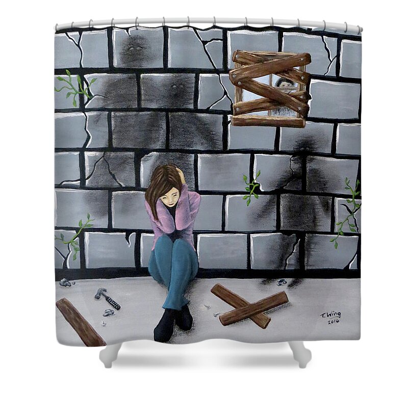 Wall Shower Curtain featuring the painting Beyond The Wall by Teresa Wing