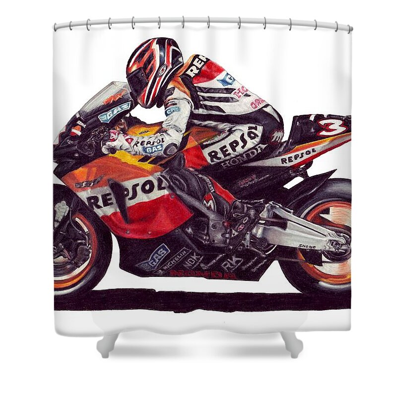 Max Biaggi Shower Curtain featuring the drawing Biaggi by Kristen Wesch