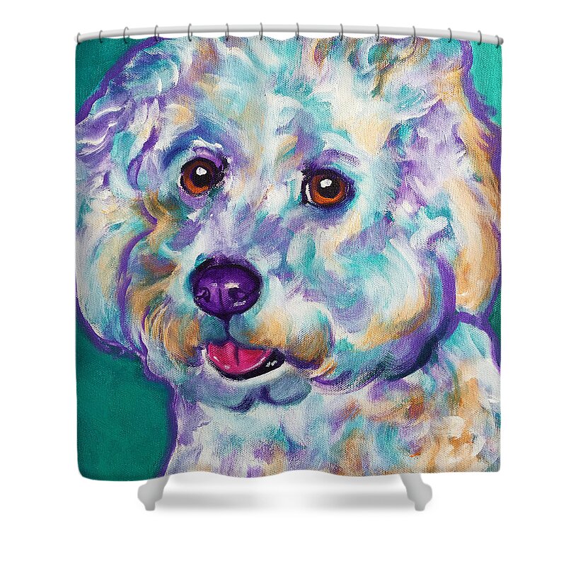 Pet Portrait Shower Curtain featuring the painting Bichon Frise - Ruben by Dawg Painter