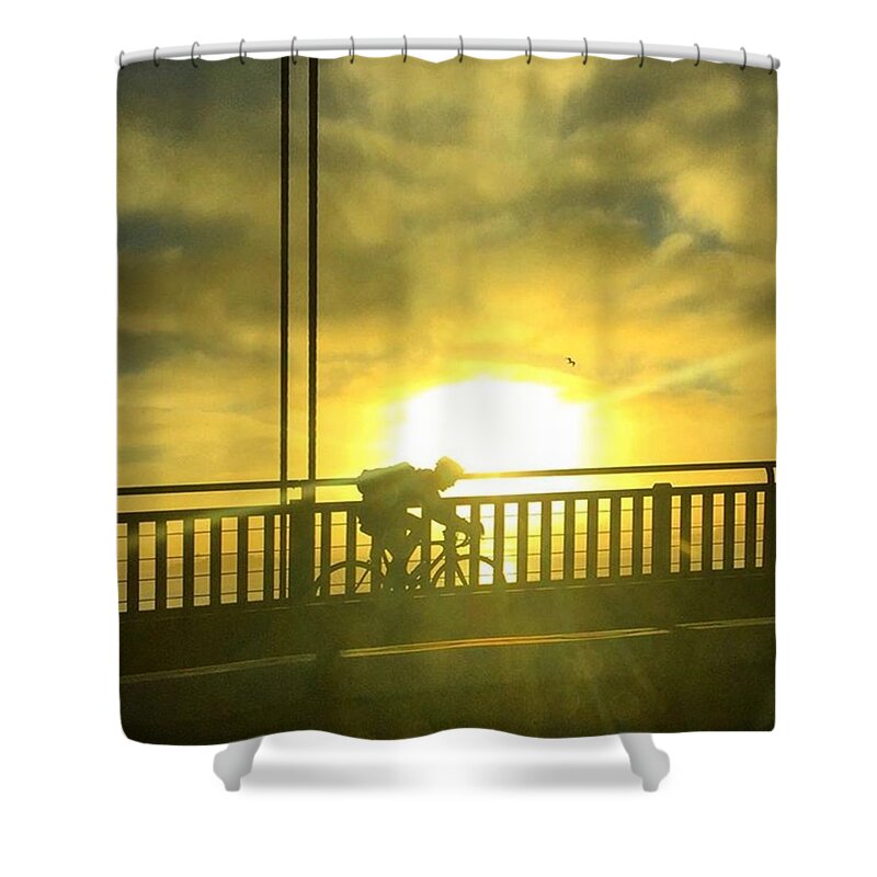 Cyclist Shower Curtain featuring the photograph Solo Biker Sunrise Silhouette by Eugene Evon