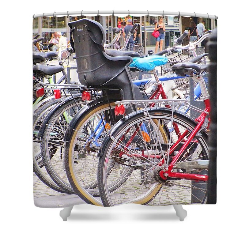 Streetshot Shower Curtain featuring the photograph Bicycle saddle in blue by Rosita Larsson