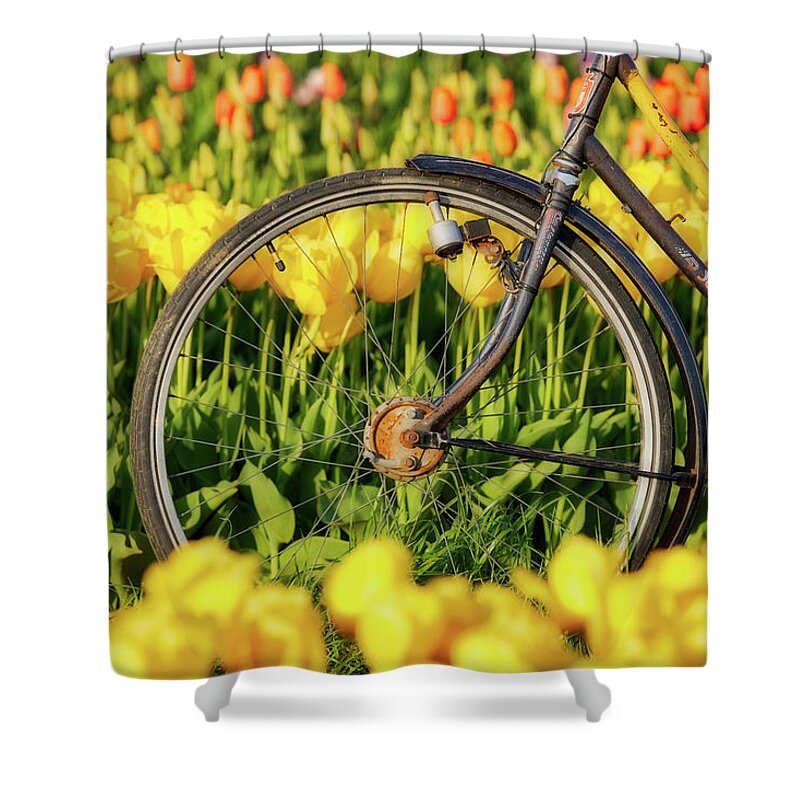 Beautiful Shower Curtain featuring the photograph Bicycle Wheel and Tulips by Jerry Fornarotto