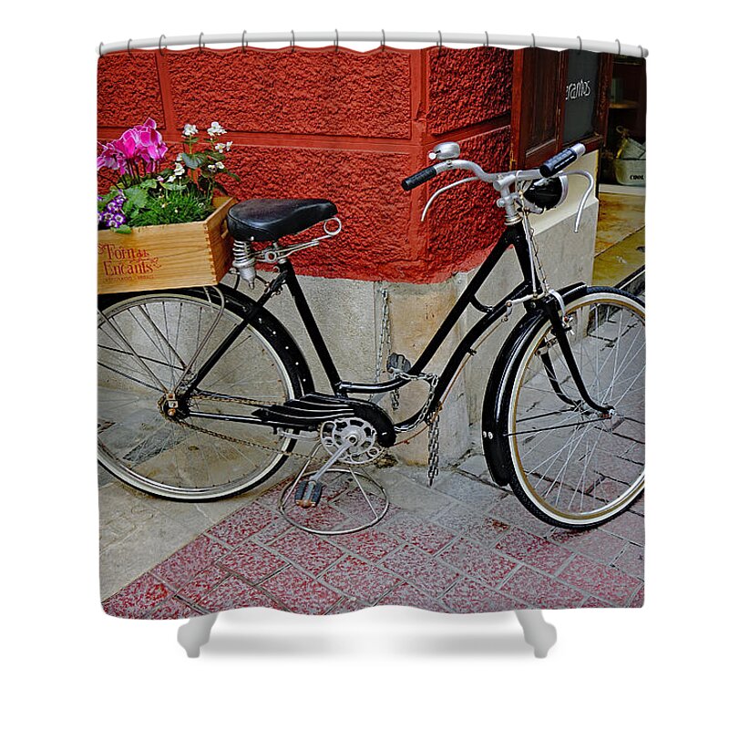 Bicycle Shower Curtain featuring the photograph Bicycle With Flowers In Palma Majorca Spain by Rick Rosenshein
