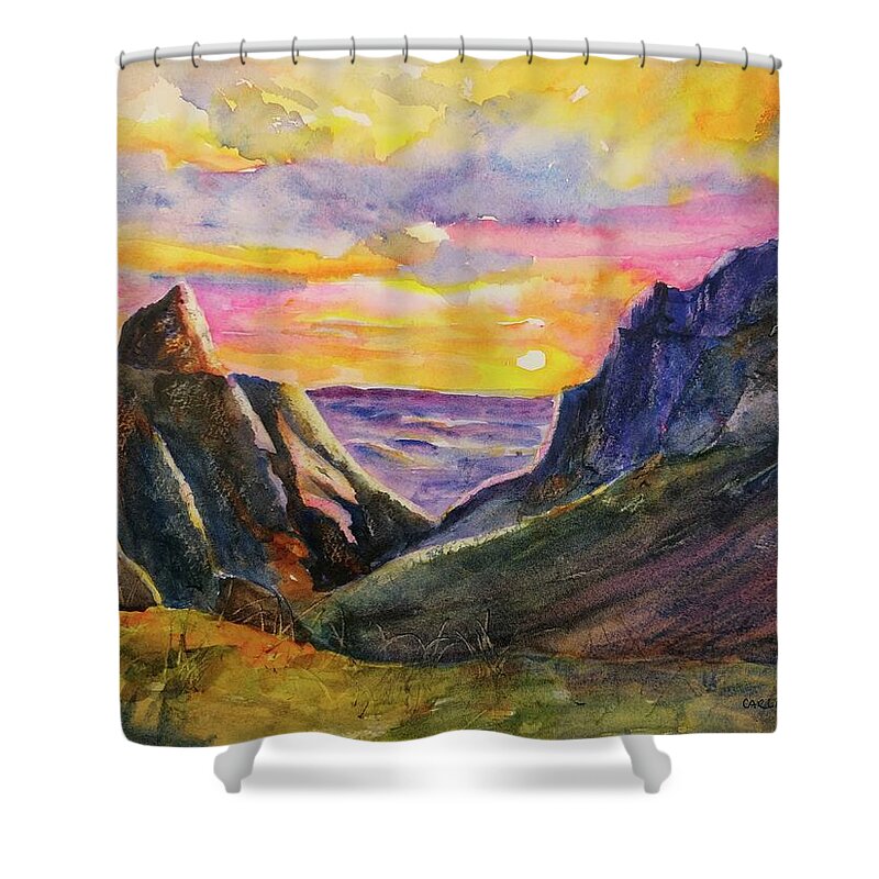 Big Bend Shower Curtain featuring the painting Big Bend Texas Window Trail Sunset by Carlin Blahnik CarlinArtWatercolor