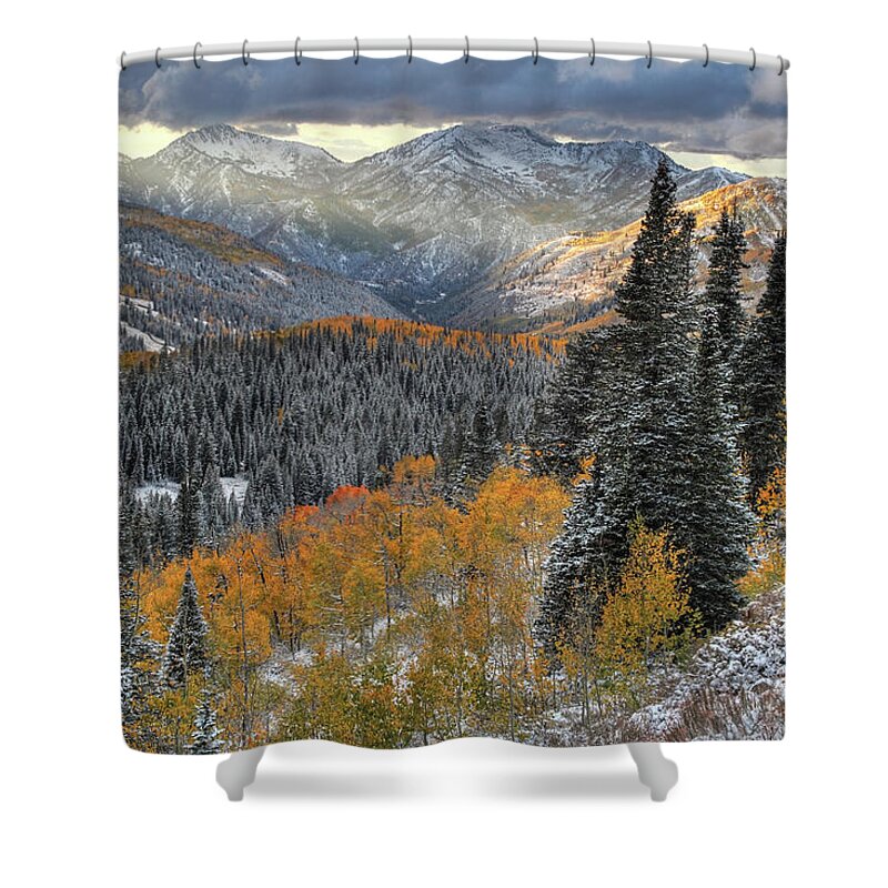 Utah Shower Curtain featuring the photograph Big Cottonwood Canyon Early Snow and Fall Color by Brett Pelletier