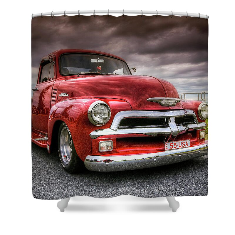 Chevrolet Pickup Shower Curtain featuring the digital art Big red 55 by Kevin Chippindall
