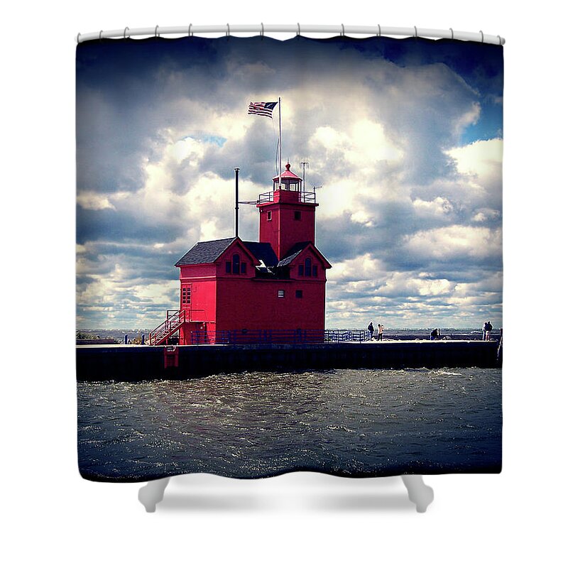 Lake Michigan Shower Curtain featuring the photograph Big Red Lighthouse by Phil Perkins