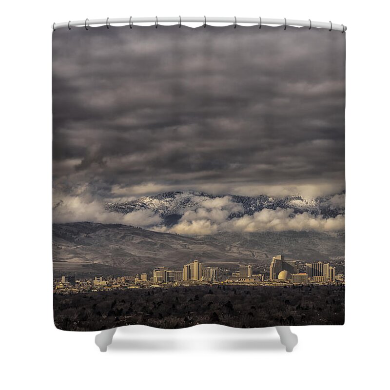 downtown Reno Shower Curtain featuring the photograph Big Sky over Reno by Janis Knight