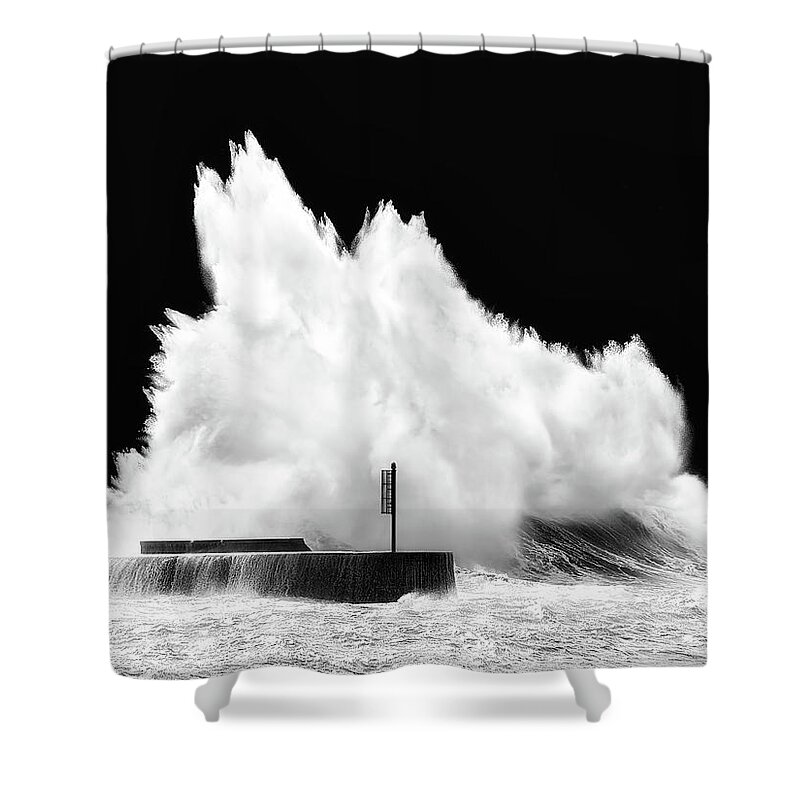 Breakwater Shower Curtain featuring the photograph Big Wave Breaking On Breakwater by Mikel Martinez de Osaba