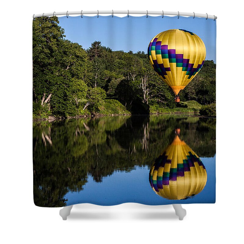 Hartford Vermont Shower Curtain featuring the photograph big yellow Hot air balloon by Jeff Folger