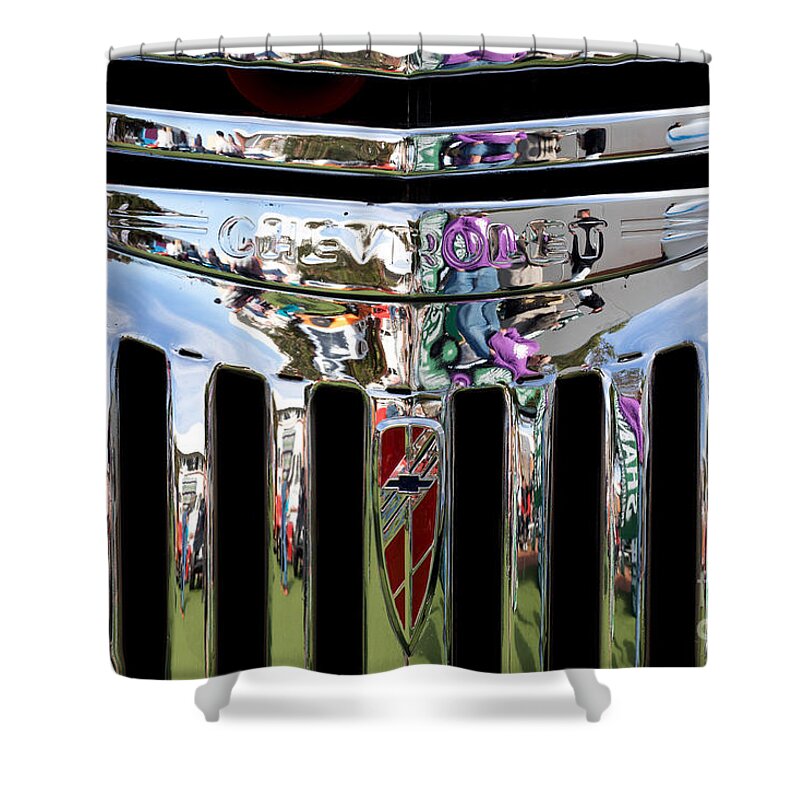 Chrome Shower Curtain featuring the photograph Chevrolet Grille 02 by Rick Piper Photography