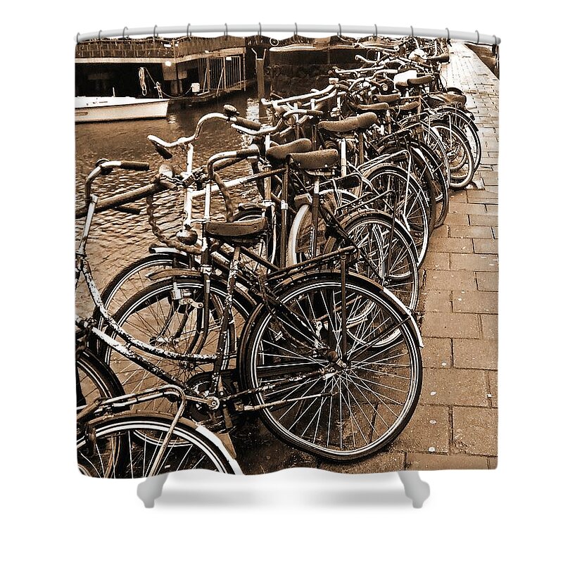 Amsterdam Shower Curtain featuring the photograph Bike Parking -- Amsterdam in November SEPIA by Mark Sellers
