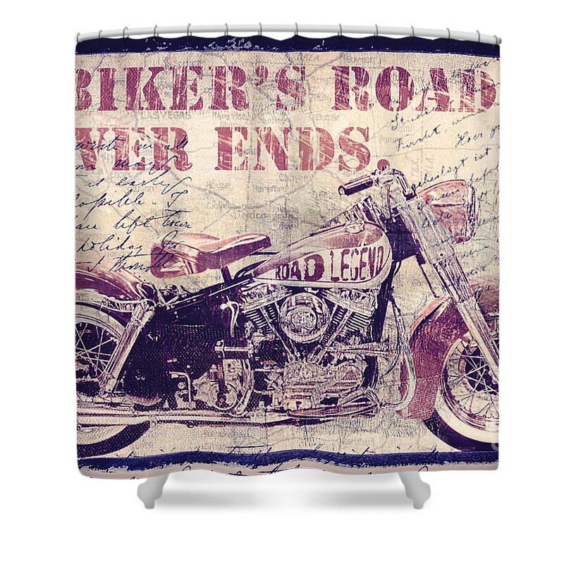 Mancave Shower Curtain featuring the painting Biker's Road Never Ends by Mindy Sommers