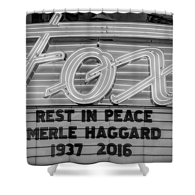 1937 Shower Curtain featuring the photograph Billboard Merle Haggard RIP black and white by Connie Cooper-Edwards