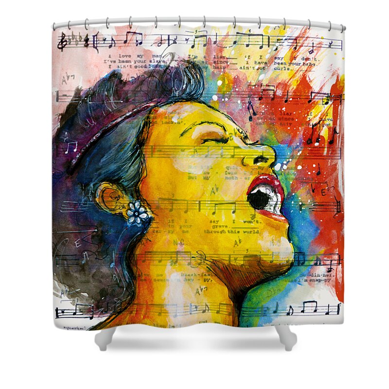 Jazz Shower Curtain featuring the digital art Billie's Blues by Howard Barry