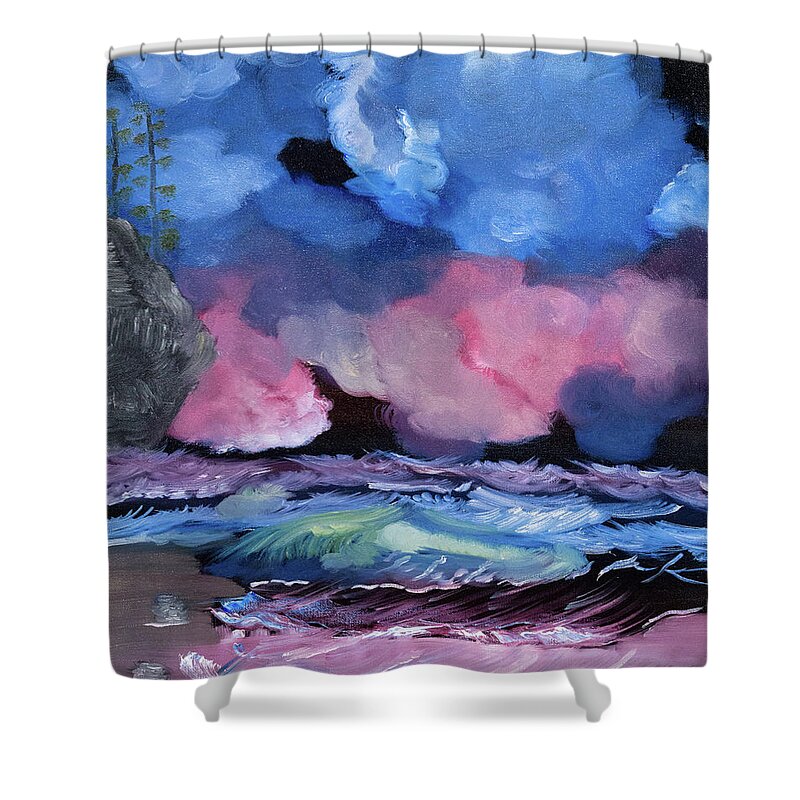  Cumulus Clouds Shower Curtain featuring the painting Billowy Clouds Afloat by Meryl Goudey
