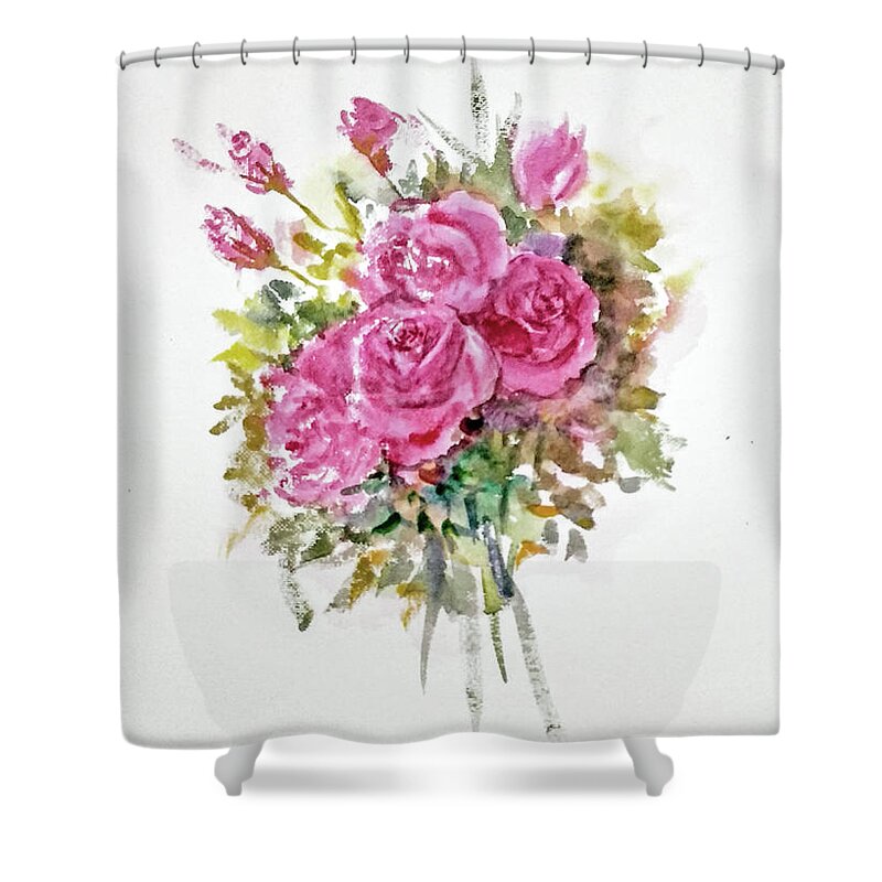 Pink Roses Shower Curtain featuring the painting Binch of pink roses by Asha Sudhaker Shenoy