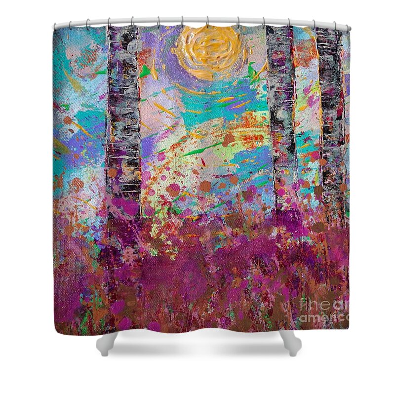 Colorful Birch Tree Meadow Shower Curtain featuring the painting Birch Tree Meadow by Jacqueline Athmann