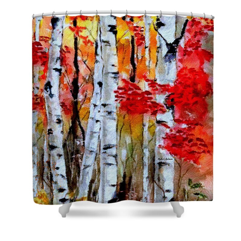 Rafael Salazar Shower Curtain featuring the digital art Birch Trees in Fall by Rafael Salazar