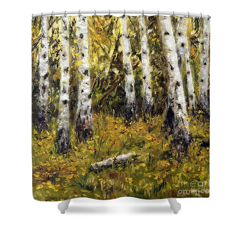Landscape Shower Curtain featuring the painting Birches by Arturas Slapsys