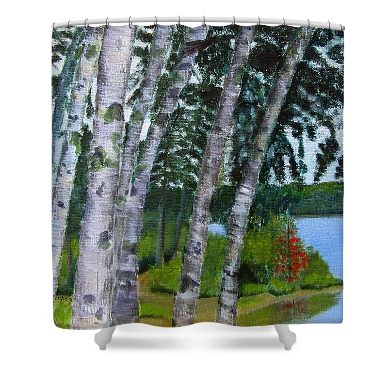 Birches Shower Curtain featuring the painting Birches at First Connecticut Lake by Linda Feinberg