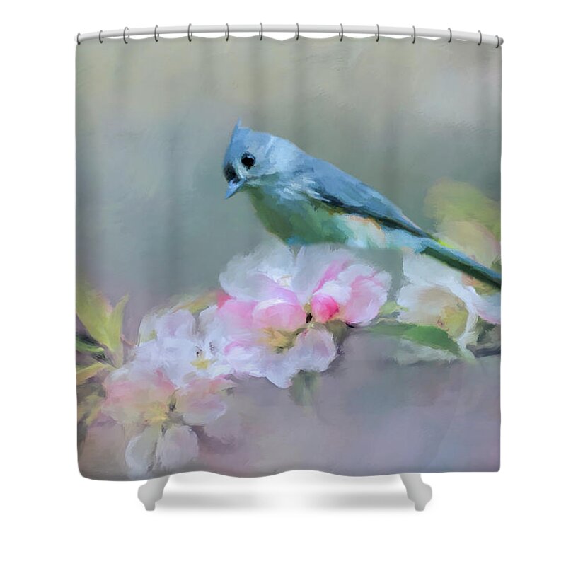 Bird Shower Curtain featuring the photograph Bird and Blossoms by Cathy Kovarik
