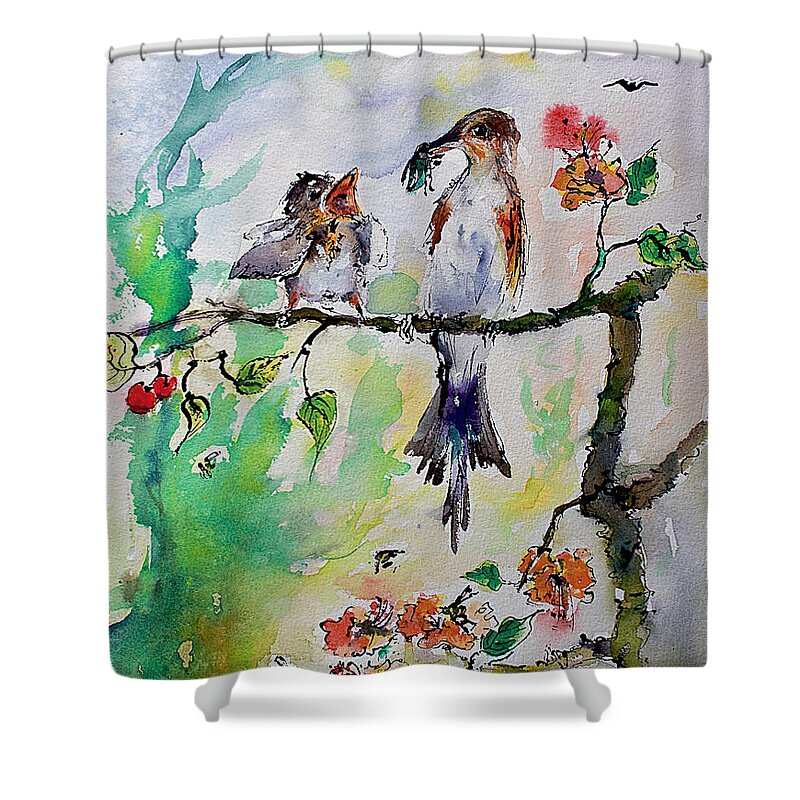 Birds Shower Curtain featuring the painting Bird Feeding Baby Watercolor by Ginette Callaway
