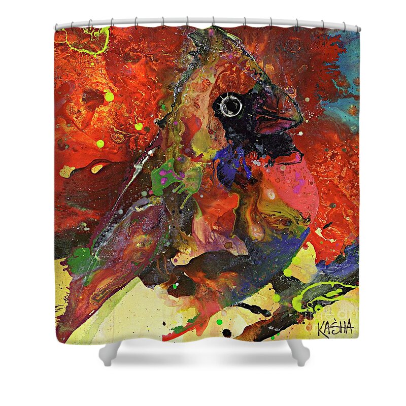 Red Cardinal Shower Curtain featuring the painting Bird Is The Word by Kasha Ritter