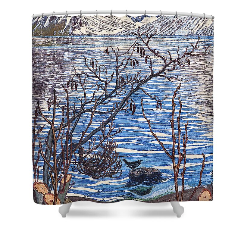 Astrup Shower Curtain featuring the painting Bird on a Stone by MotionAge Designs