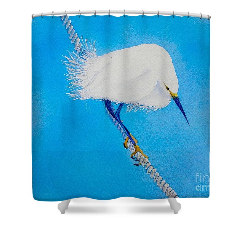 Blue Shower Curtain featuring the painting Bird on a Wire by Midge Pippel