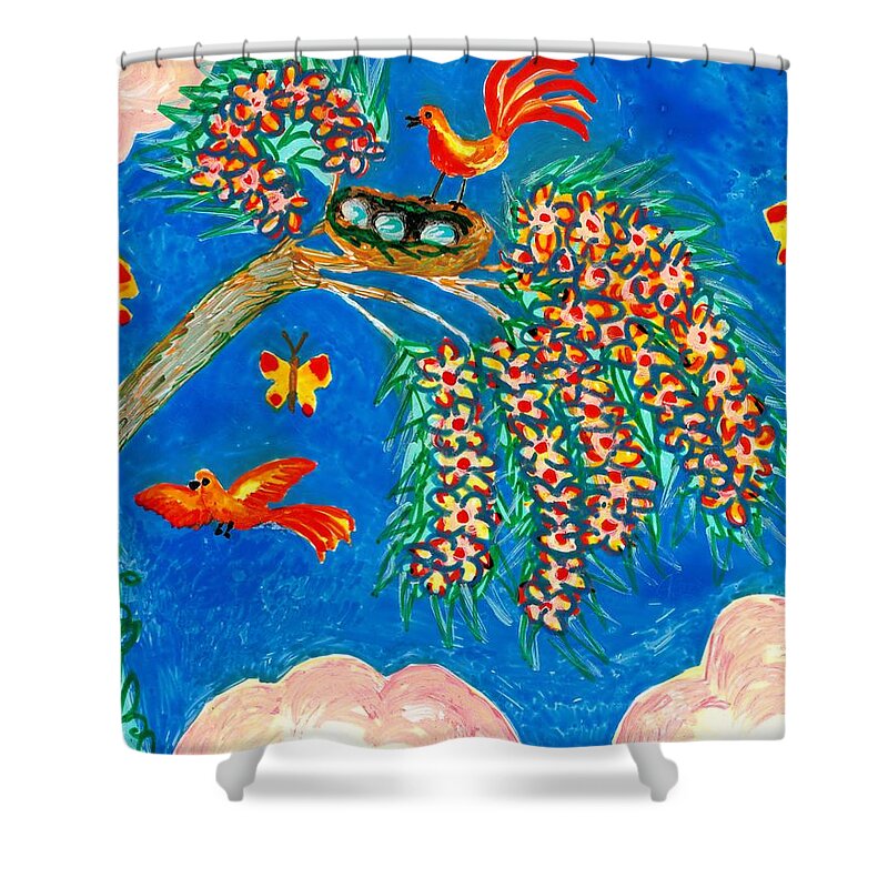 Sue Burgess Shower Curtain featuring the painting Birds and nest in flowering tree by Sushila Burgess