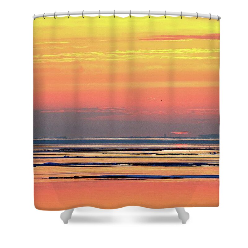 Abstract Shower Curtain featuring the digital art Birds At Sunrise Three by Lyle Crump