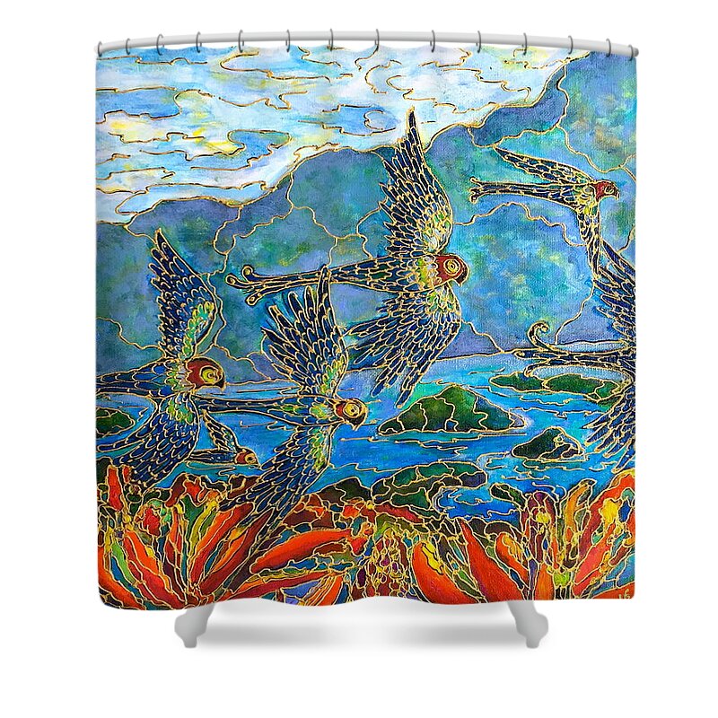 Summer Shower Curtain featuring the painting Birds of Paradise by Rae Chichilnitsky