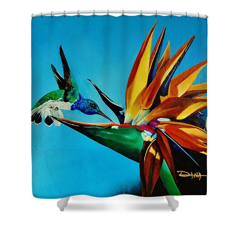 Birds Shower Curtain featuring the painting Birds of Paradise with White necked Jacobin hummingbird by Dana Newman