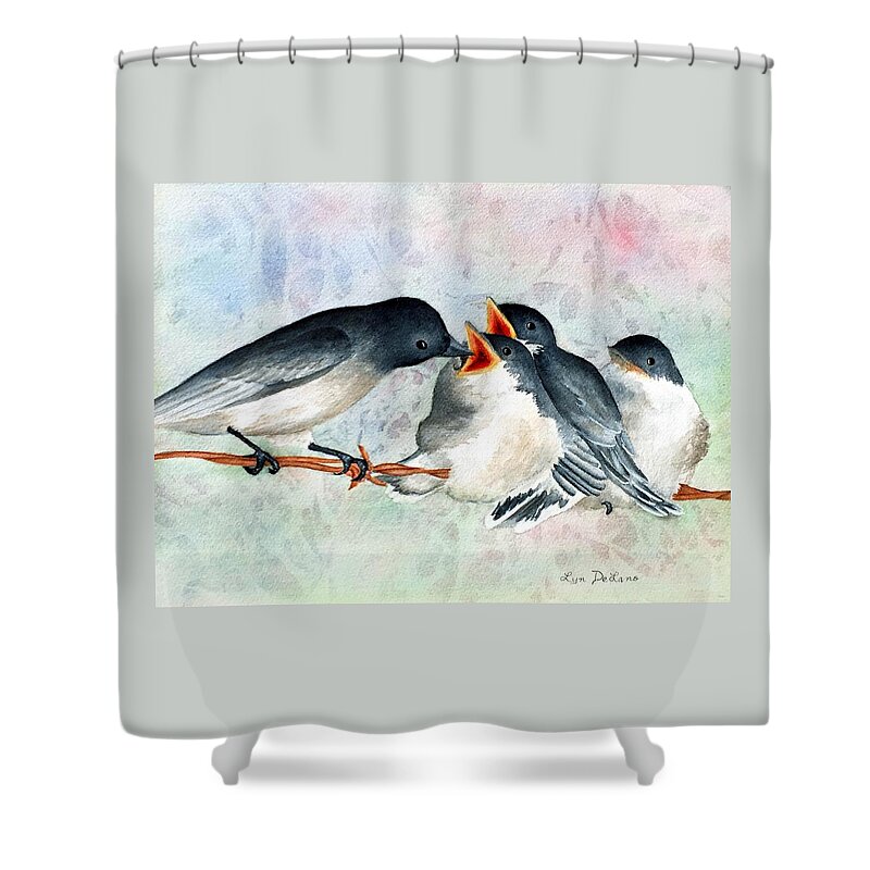 Birds Feeding Shower Curtain featuring the painting Birds on a Wire by Lyn DeLano