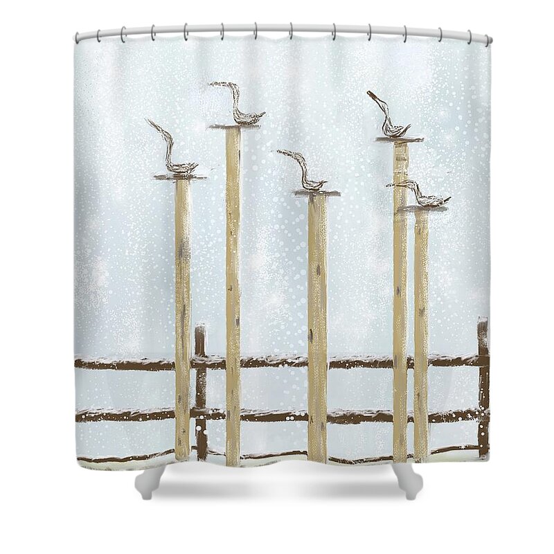 Birds Shower Curtain featuring the digital art Birds on Posts by Peggy Blackwell