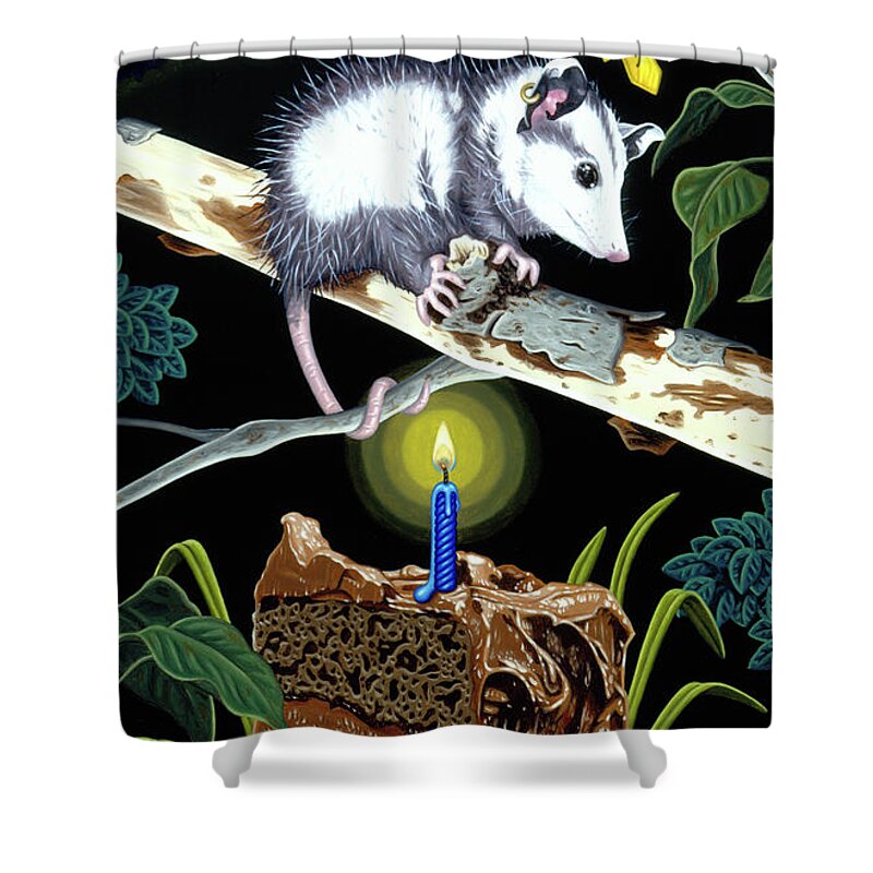 Opossum Shower Curtain featuring the painting Birthday Surprise by Paxton Mobley