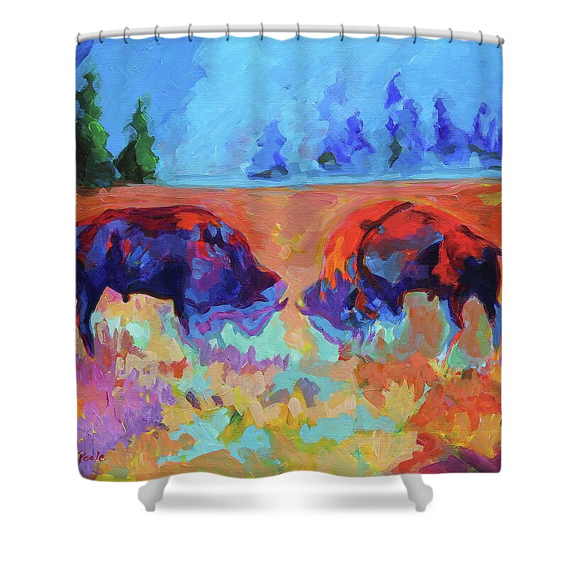 Bison Contest Shower Curtain featuring the painting Bison Contest by Thomas Bertram POOLE