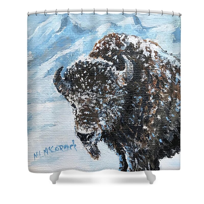 Bison Shower Curtain featuring the painting Bison of the Tetons by ML McCormick
